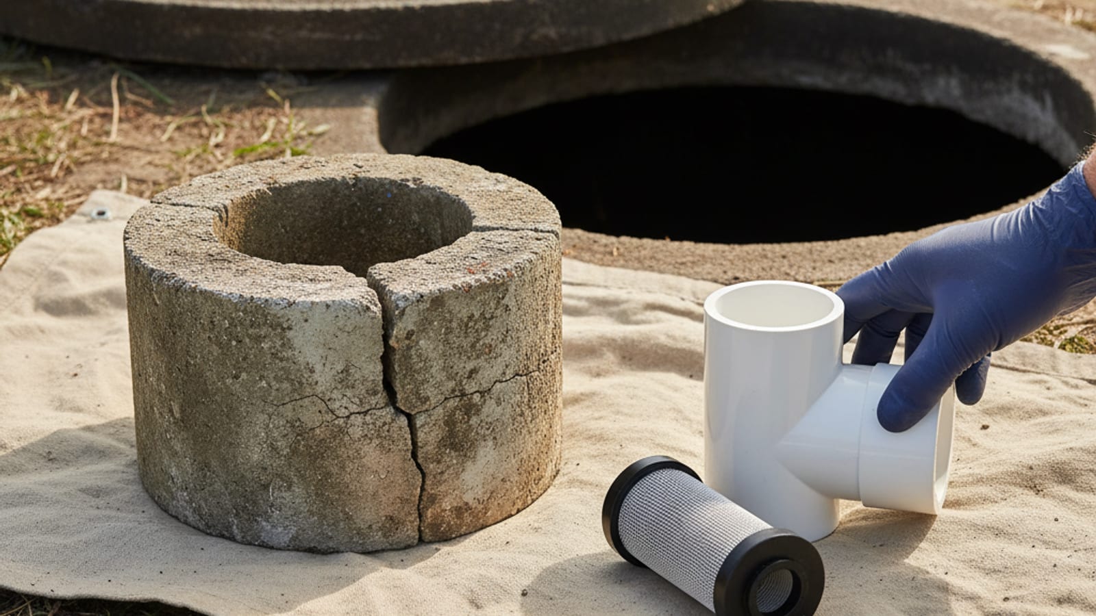 Concrete septic tank lid and riser in a San Diego County backyard, the likely source of a sewer smell near the house