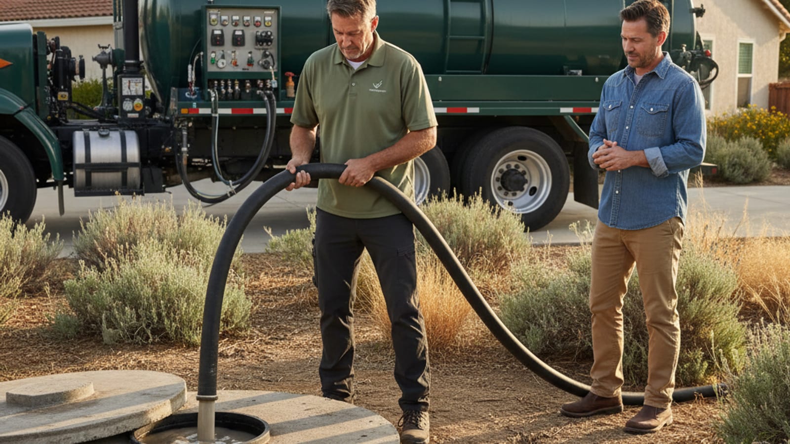 Septic technician guiding a vacuum hose into an open tank lid in a San Diego County backyard