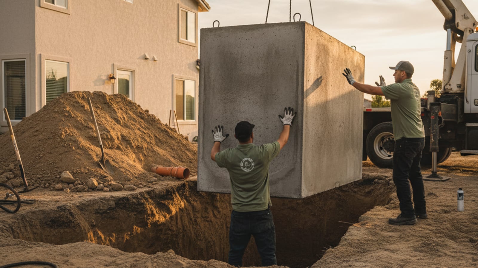 A new septic tank and drain field being installed at a rural East County San Diego property with an excavator on site