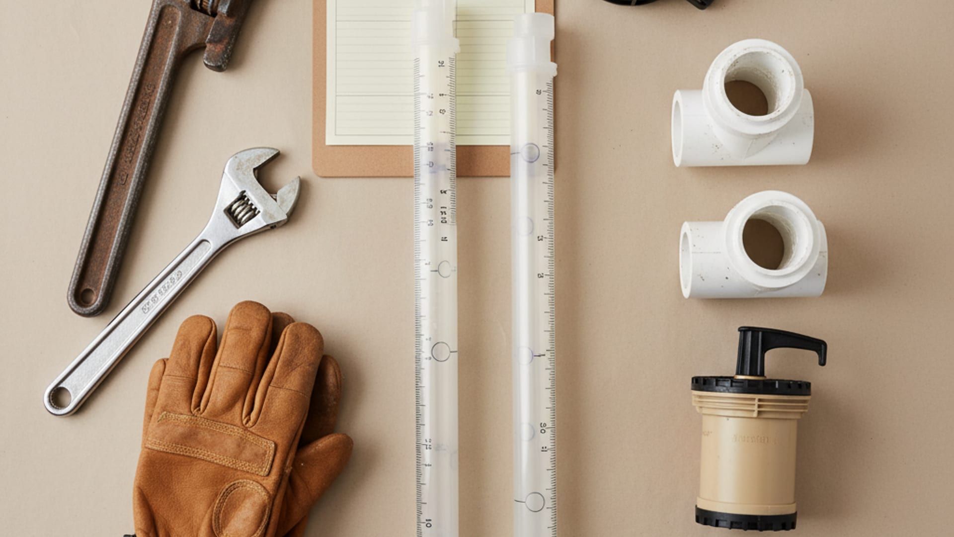 Overhead flat-lay of professional septic service equipment, Sludge Judge, baffle replacement parts, effluent filter cartridges, and inspection camera on a clean work surface
