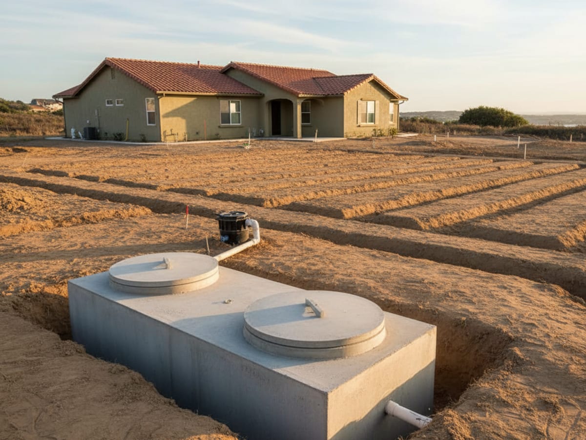 Crew laying out a new septic system on a rural East County San Diego lot ahead of a county DEHQ permit inspection